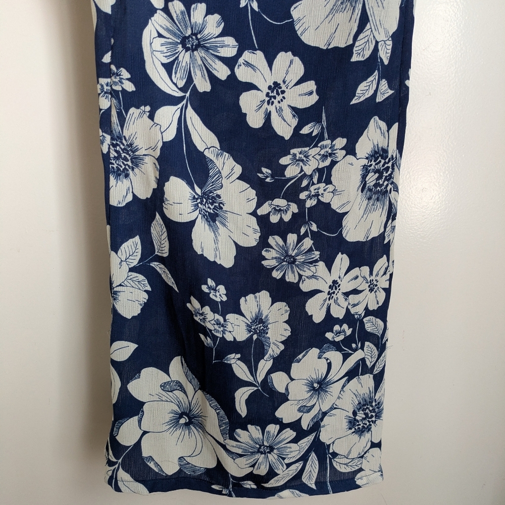 AUW Blue White Floral Tropical Wide Leg Jumpsuit w/ Pockets Shoulder Ties - Picture 12 of 16
